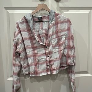 pink plaid button-down with hoodie